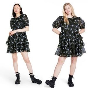 Sandy Liang x Target Black‎ Floral Print Short Sleeve Tiered Ruffle Mini Dress